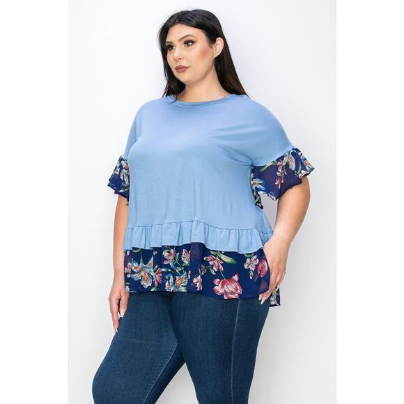 059 Curvy Lovey Ruffle Sleeves Tunic Top With Double Frill Hem in Lavender Blue - Picture 2 of 5